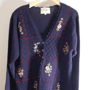 Susan Bristol Vintage Blue Embroidered Sweater Womens Large